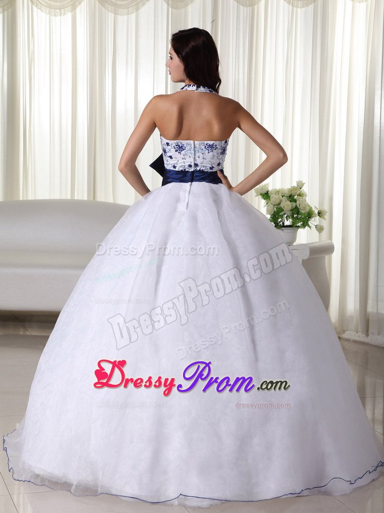 White Halter Ball Gown Appliques Blue Bowknot Quinceanera Dress