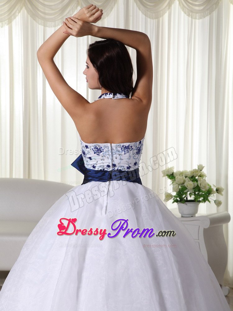 White Halter Ball Gown Appliques Blue Bowknot Quinceanera Dress