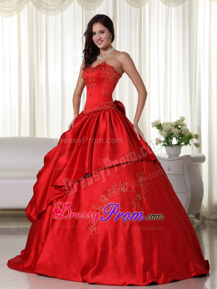 Embroidery Hand Flowers Red Pick-ups Taffeta Quinceanera Dresses