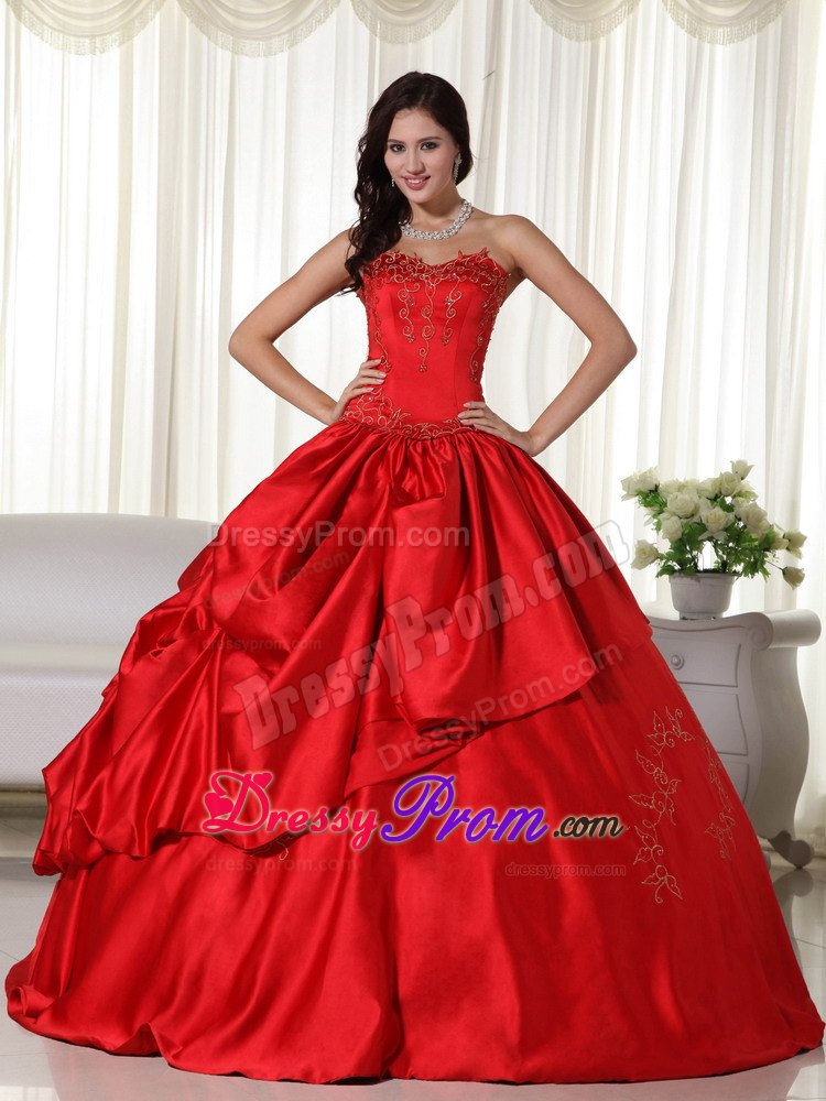 Embroidery Hand Flowers Red Pick-ups Taffeta Quinceanera Dresses