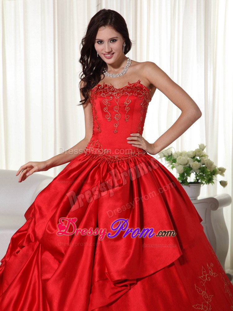 Embroidery Hand Flowers Red Pick-ups Taffeta Quinceanera Dresses