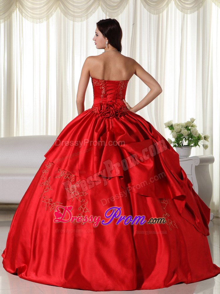 Embroidery Hand Flowers Red Pick-ups Taffeta Quinceanera Dresses