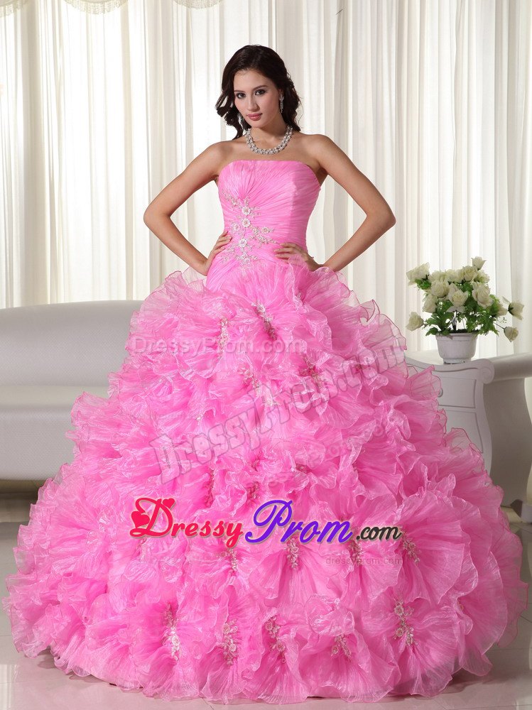 Ruffled Ruching Rose Pink Organza Appliques Quinceanera Dresses