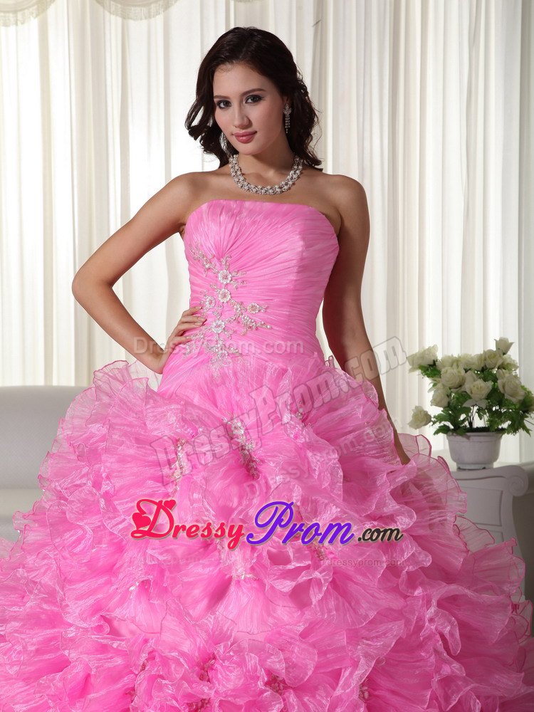 Ruffled Ruching Rose Pink Organza Appliques Quinceanera Dresses