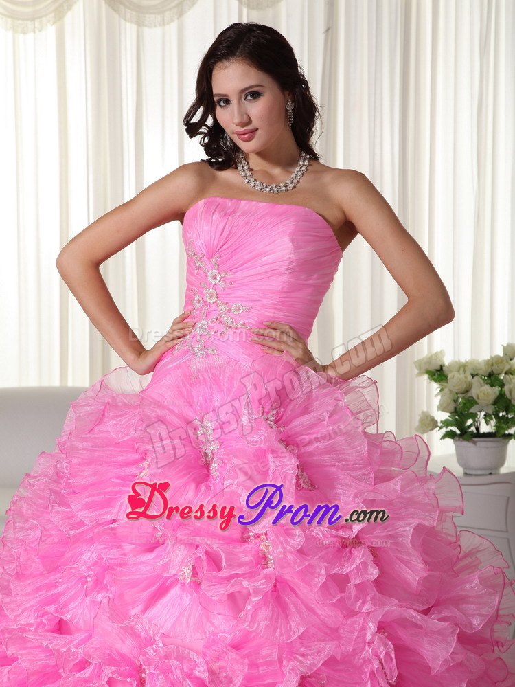 Ruffled Ruching Rose Pink Organza Appliques Quinceanera Dresses