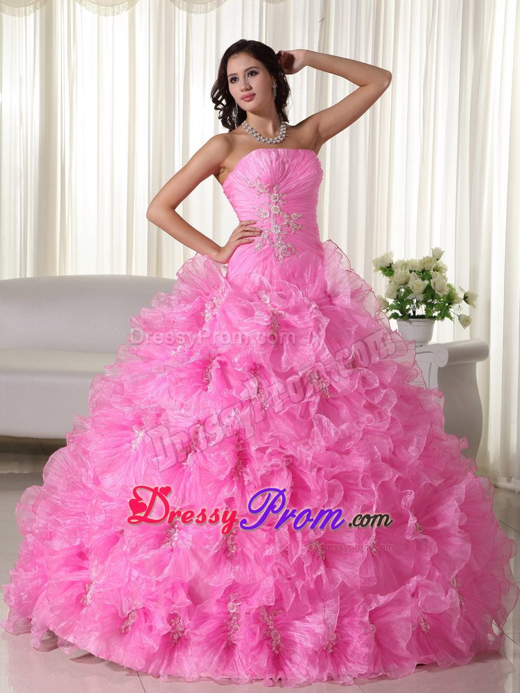 Ruffled Ruching Rose Pink Organza Appliques Quinceanera Dresses