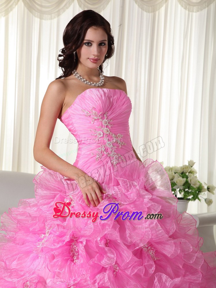 Ruffled Ruching Rose Pink Organza Appliques Quinceanera Dresses