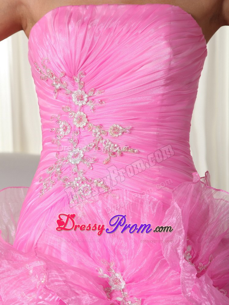 Ruffled Ruching Rose Pink Organza Appliques Quinceanera Dresses