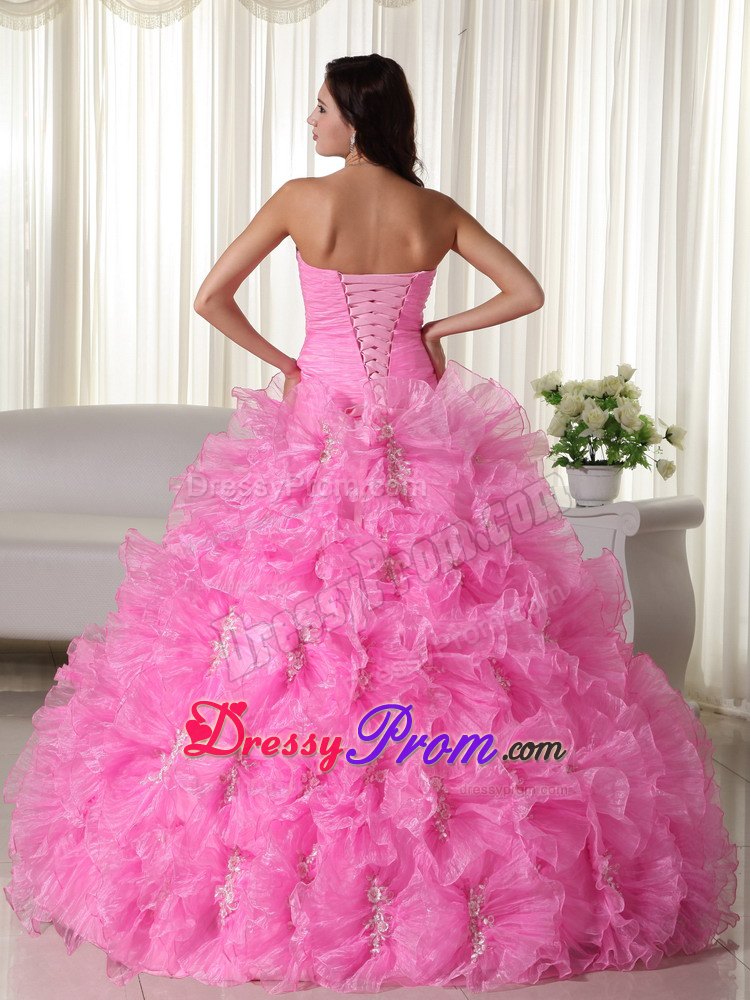Ruffled Ruching Rose Pink Organza Appliques Quinceanera Dresses