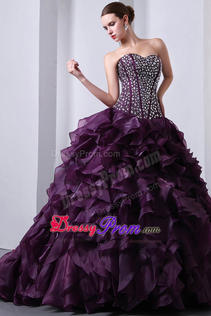 Beaded Purple Organza Ruffles Brush Train Dresses For Quinceanera