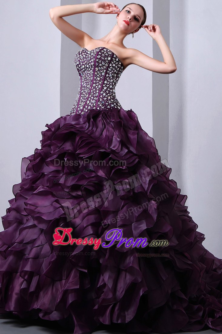 Beaded Purple Organza Ruffles Brush Train Dresses For Quinceanera