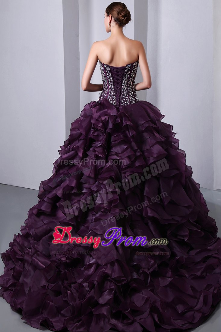 Beaded Purple Organza Ruffles Brush Train Dresses For Quinceanera