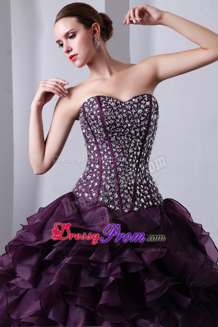 Beaded Purple Organza Ruffles Brush Train Dresses For Quinceanera