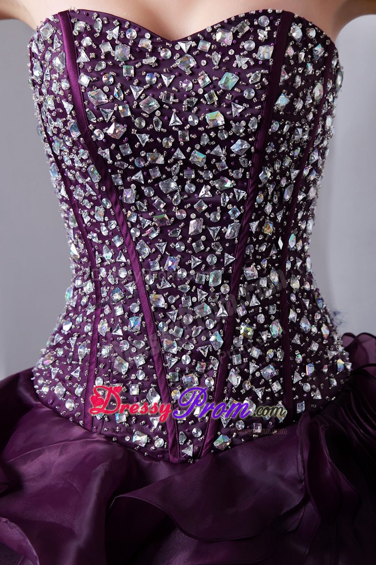 Beaded Purple Organza Ruffles Brush Train Dresses For Quinceanera
