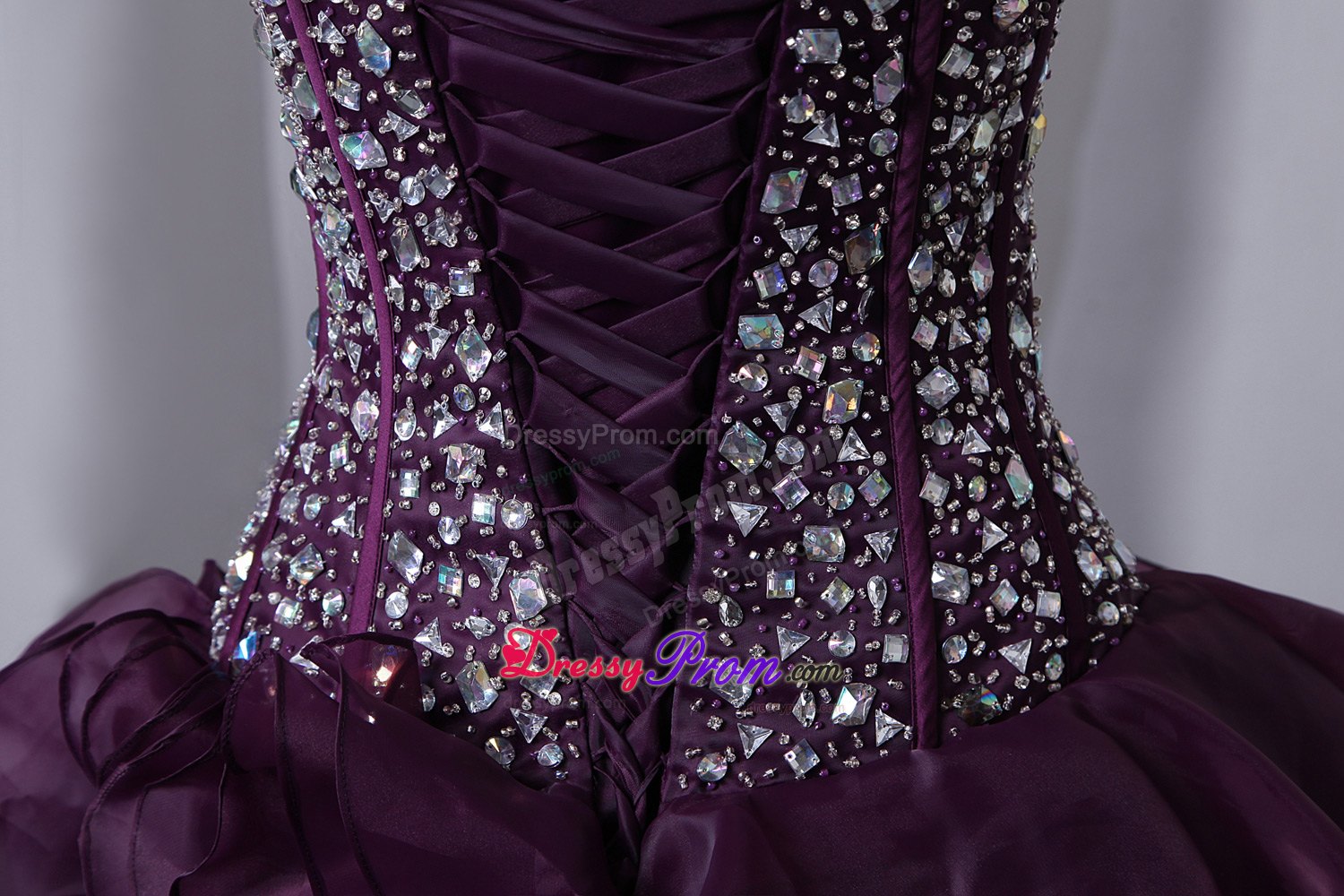 Beaded Purple Organza Ruffles Brush Train Dresses For Quinceanera