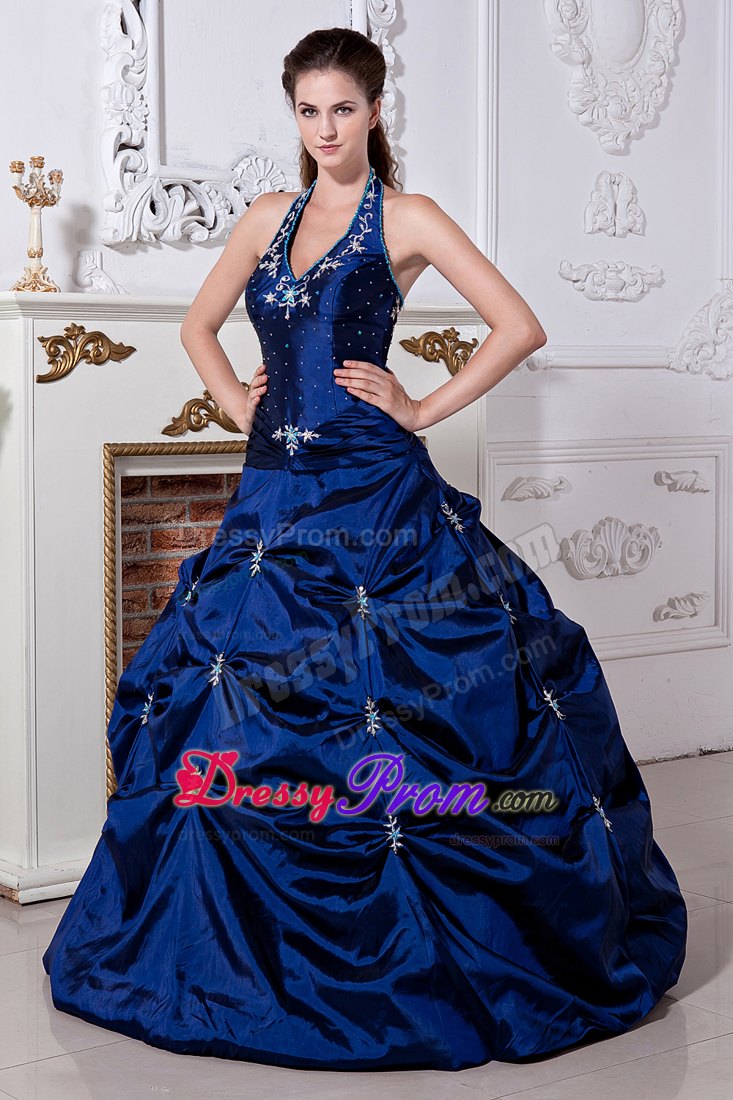 Halter Embroidery Royal Blue Quinceanera Dresses with Pick-ups