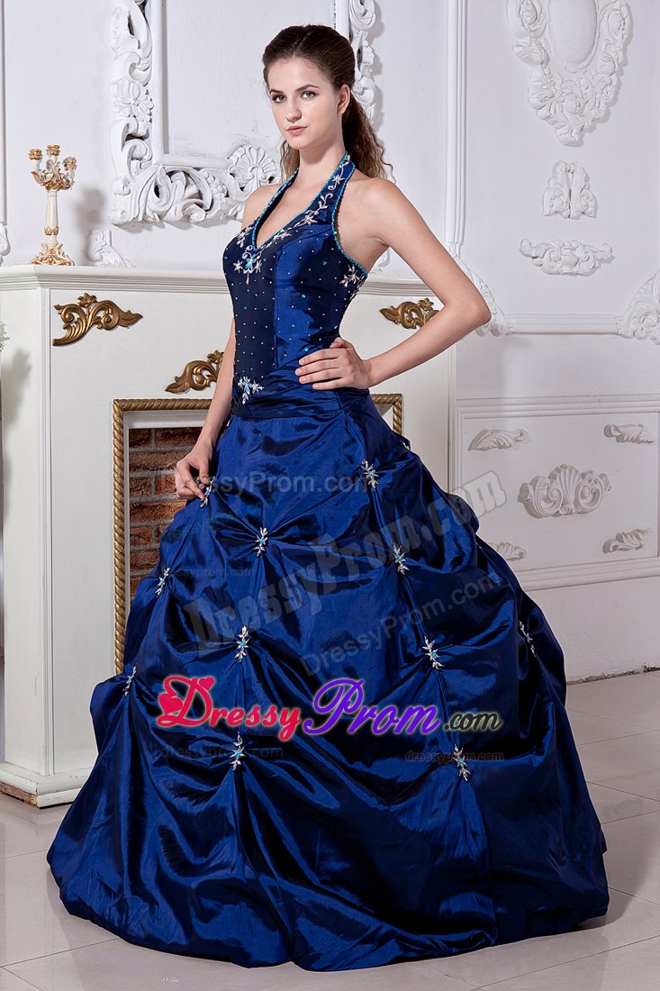 Halter Embroidery Royal Blue Quinceanera Dresses with Pick-ups