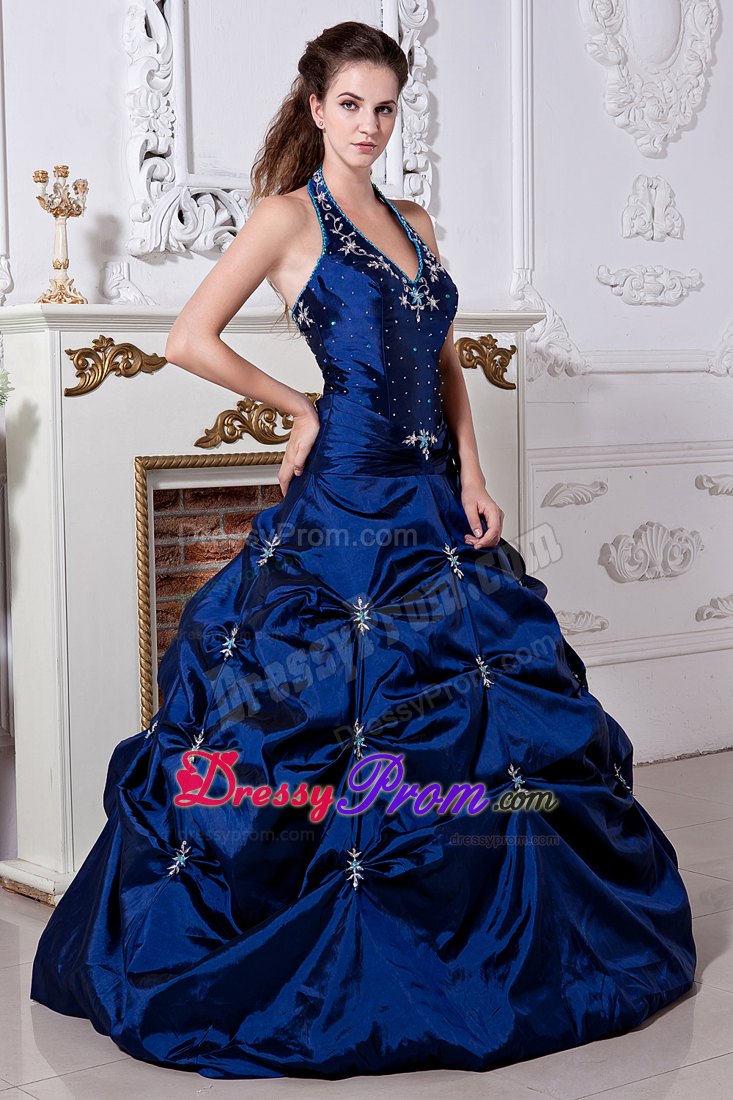 Halter Embroidery Royal Blue Quinceanera Dresses with Pick-ups