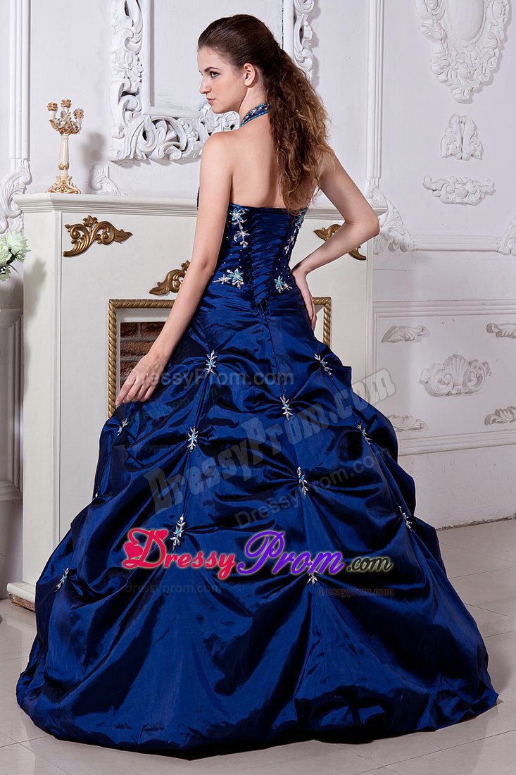 Halter Embroidery Royal Blue Quinceanera Dresses with Pick-ups