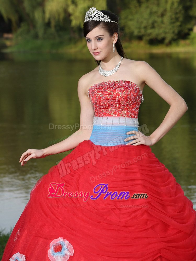 Beaded Appliques Red Quinceanera Dress with Hand Made Flowers