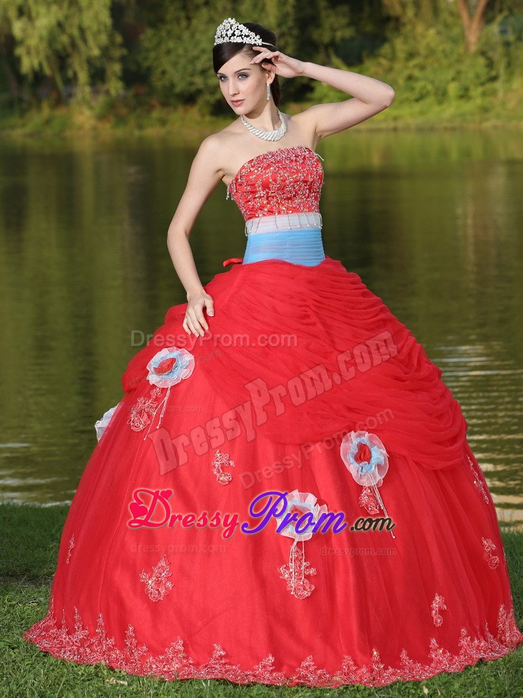 Beaded Appliques Red Quinceanera Dress with Hand Made Flowers