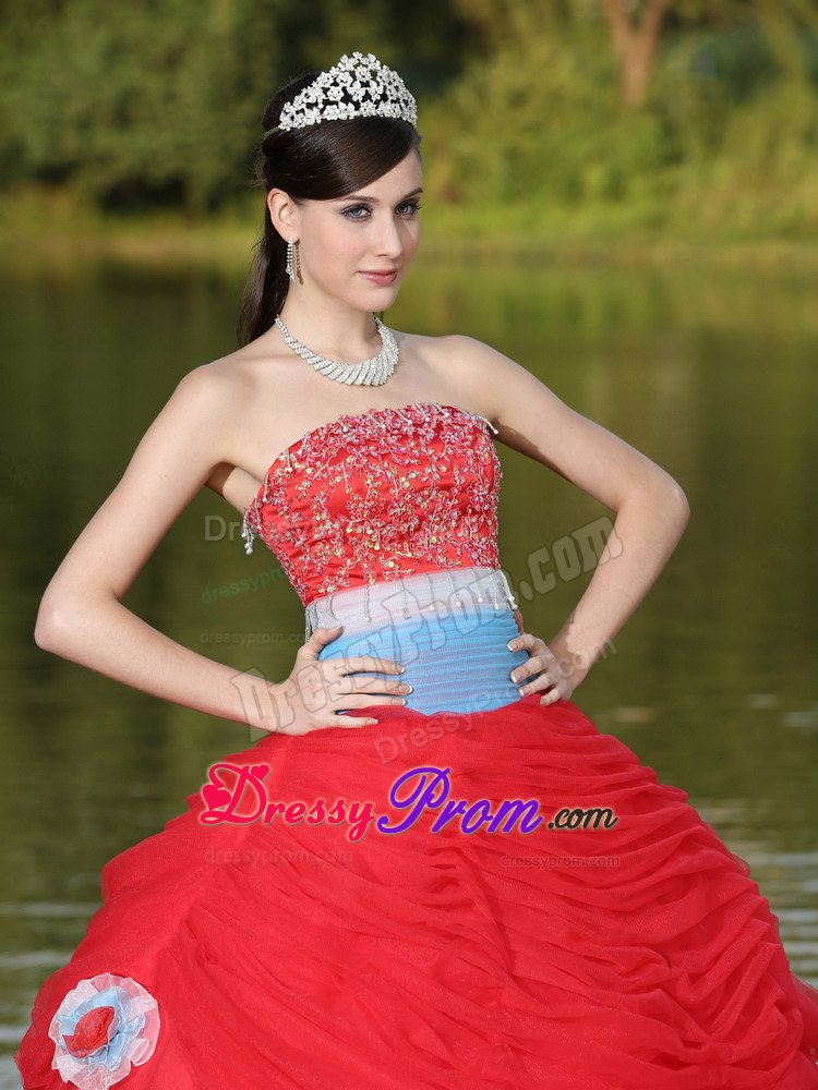 Beaded Appliques Red Quinceanera Dress with Hand Made Flowers