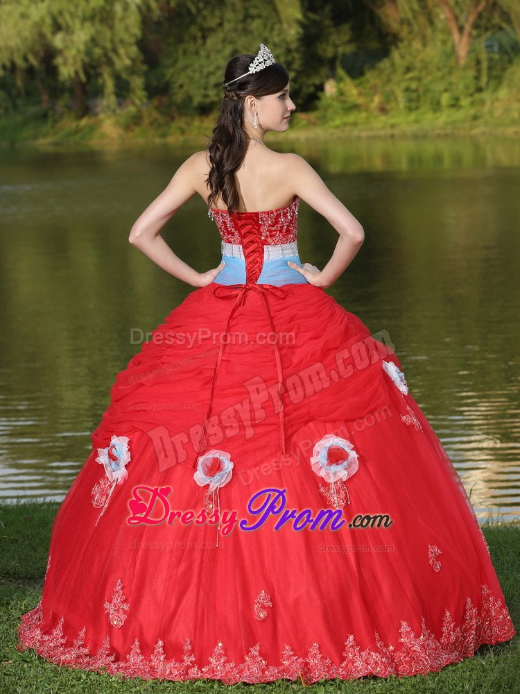 Beaded Appliques Red Quinceanera Dress with Hand Made Flowers