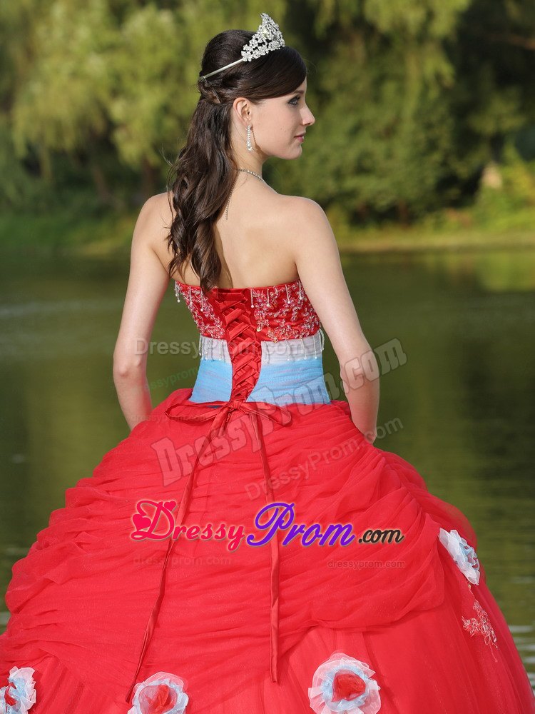Beaded Appliques Red Quinceanera Dress with Hand Made Flowers