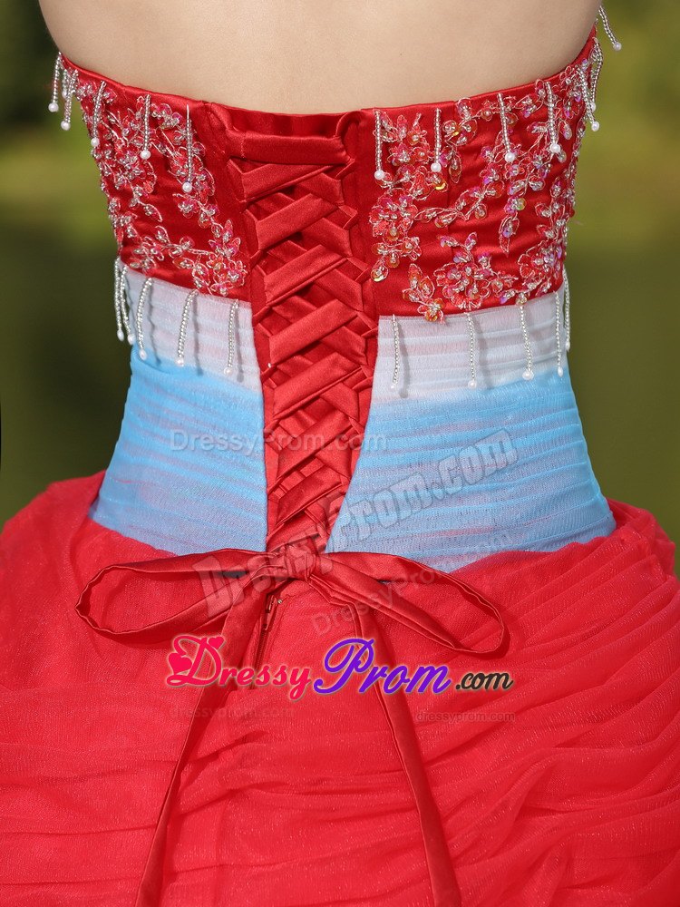 Beaded Appliques Red Quinceanera Dress with Hand Made Flowers