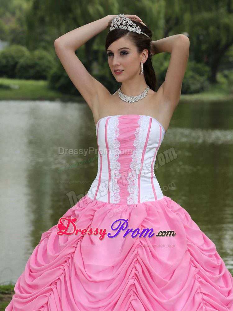 Hand Made Flowers Rose Pink and White Pick-ups Quinceanera Dress