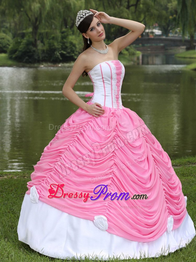 Hand Made Flowers Rose Pink and White Pick-ups Quinceanera Dress