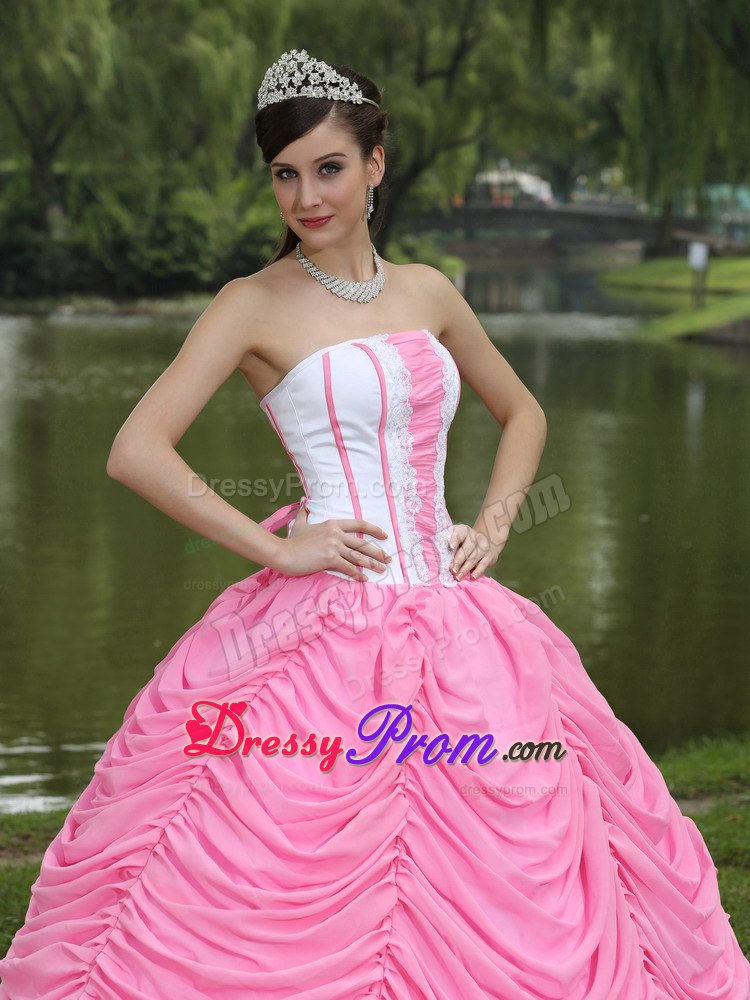 Hand Made Flowers Rose Pink and White Pick-ups Quinceanera Dress