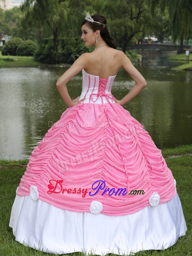 Hand Made Flowers Rose Pink and White Pick-ups Quinceanera Dress
