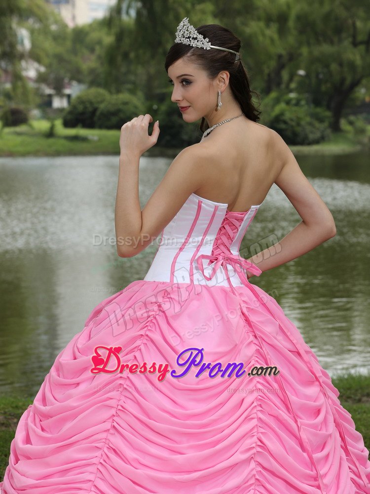 Hand Made Flowers Rose Pink and White Pick-ups Quinceanera Dress