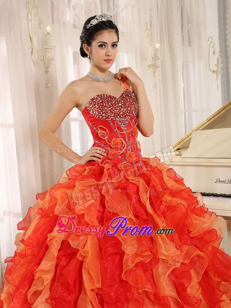 Beading Ruffled Orange Red One Shoulder Quincenera Dresses 2014