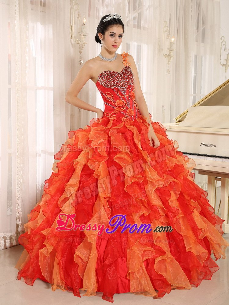 Beading Ruffled Orange Red One Shoulder Quincenera Dresses 2014