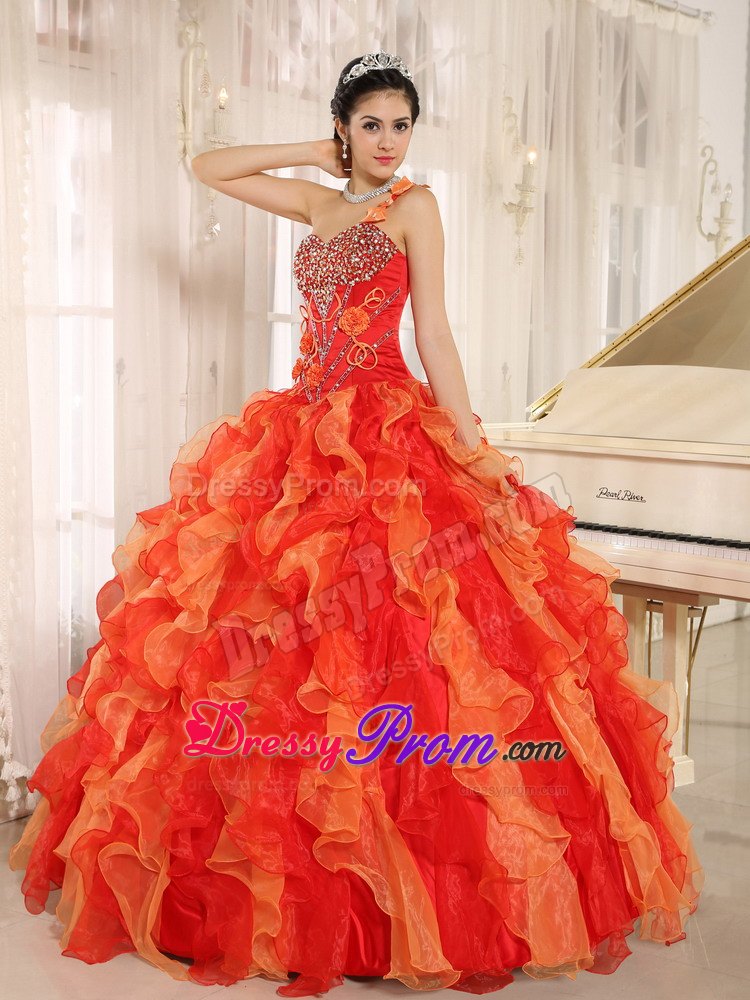 Beading Ruffled Orange Red One Shoulder Quincenera Dresses 2014
