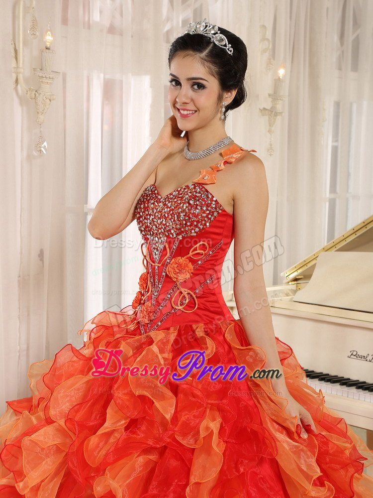 Beading Ruffled Orange Red One Shoulder Quincenera Dresses 2014