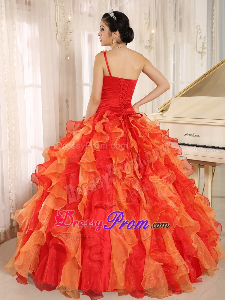 Beading Ruffled Orange Red One Shoulder Quincenera Dresses 2014