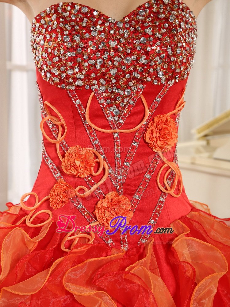 Beading Ruffled Orange Red One Shoulder Quincenera Dresses 2014