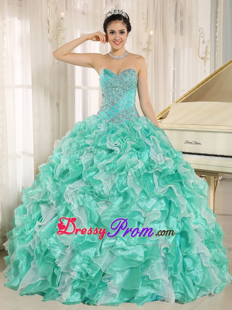 Apple Green and White Beaded Ruffles Sweet 16 Quinceanera Dress