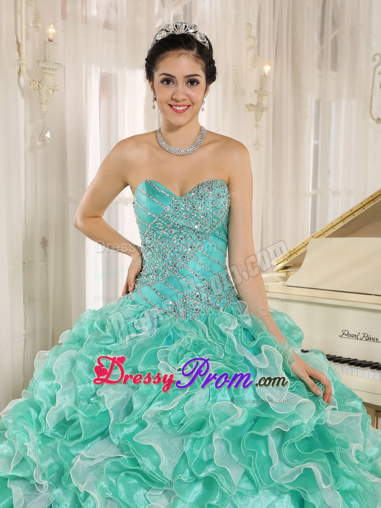 Apple Green and White Beaded Ruffles Sweet 16 Quinceanera Dress