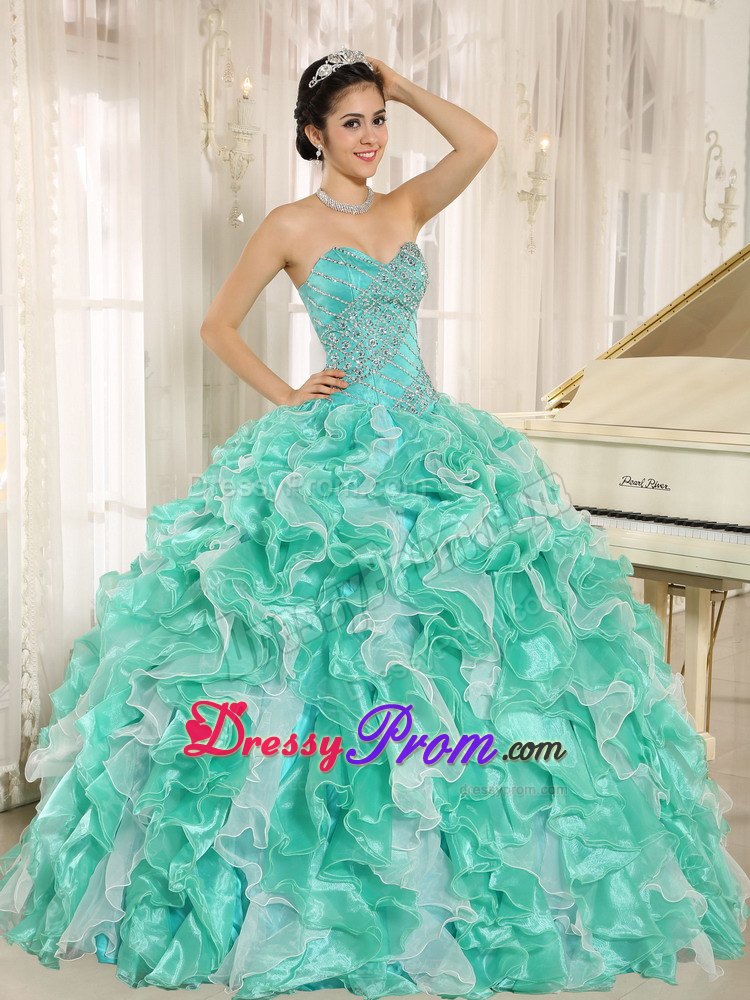 Apple Green and White Beaded Ruffles Sweet 16 Quinceanera Dress