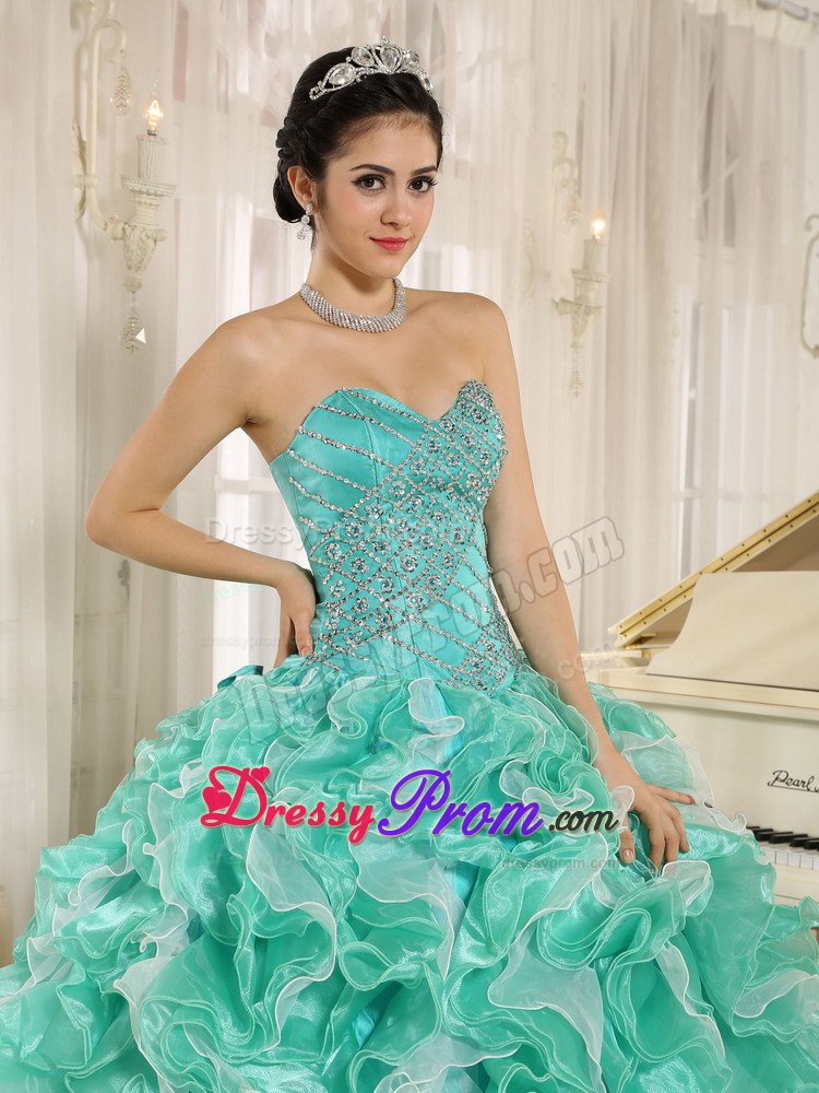 Apple Green and White Beaded Ruffles Sweet 16 Quinceanera Dress