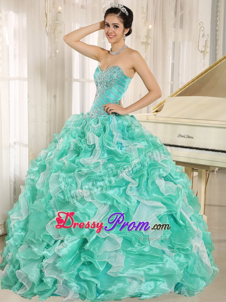 Apple Green and White Beaded Ruffles Sweet 16 Quinceanera Dress