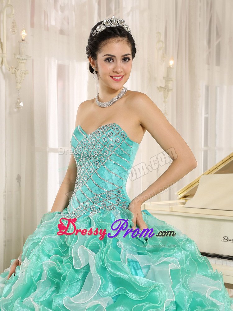 Apple Green and White Beaded Ruffles Sweet 16 Quinceanera Dress