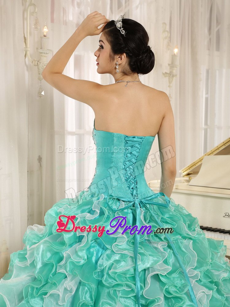 Apple Green and White Beaded Ruffles Sweet 16 Quinceanera Dress