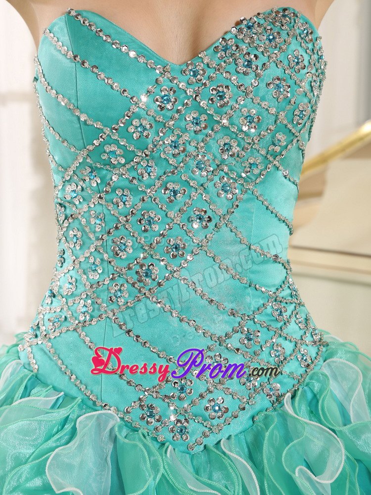 Apple Green and White Beaded Ruffles Sweet 16 Quinceanera Dress