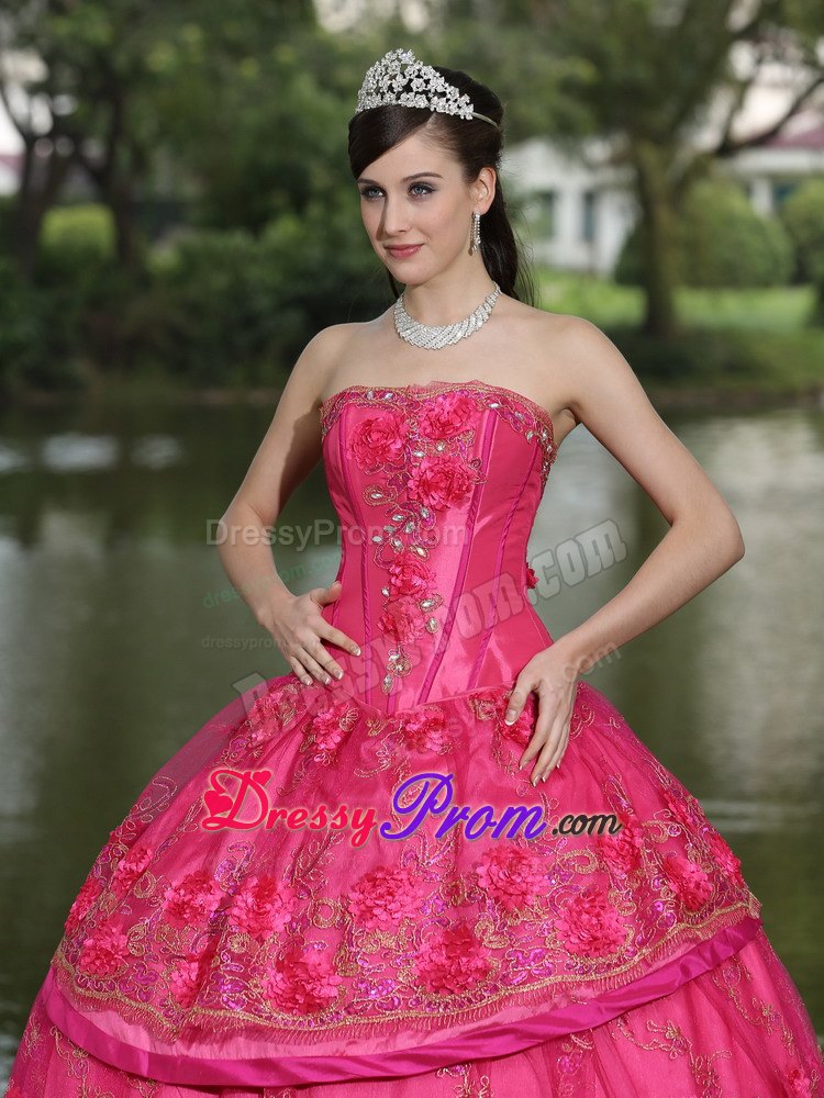 Hot Pink Hand Made Flowers Quinceanera Dress with Appliques