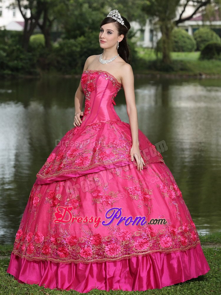 Hot Pink Hand Made Flowers Quinceanera Dress with Appliques